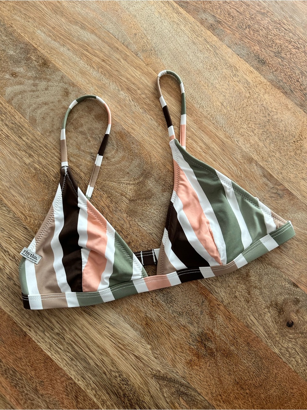 Striped Triangle Bikini Top - Olive, Peach & White